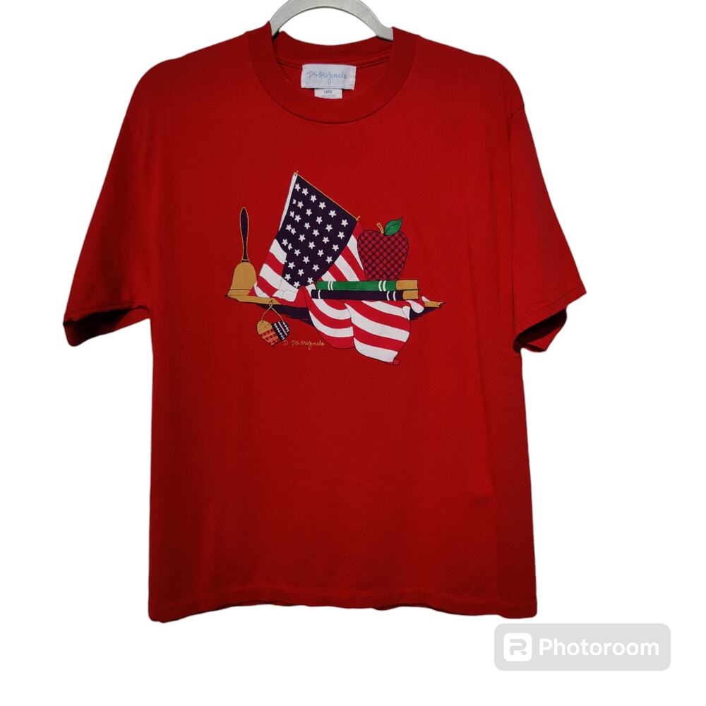 Vintage Sz L P.S. Originals Red Teacher Short Sleeve T Shirt Apple Flag Bell